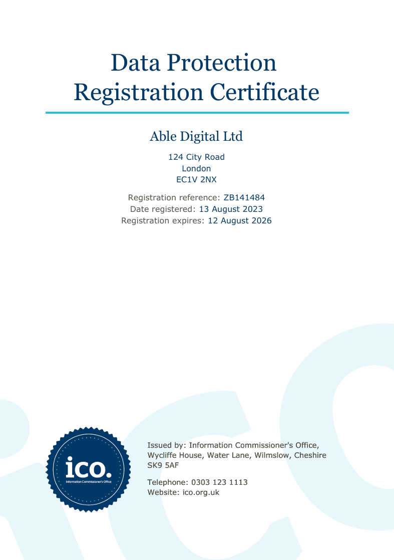 ICO Data Protection Registration Certificate